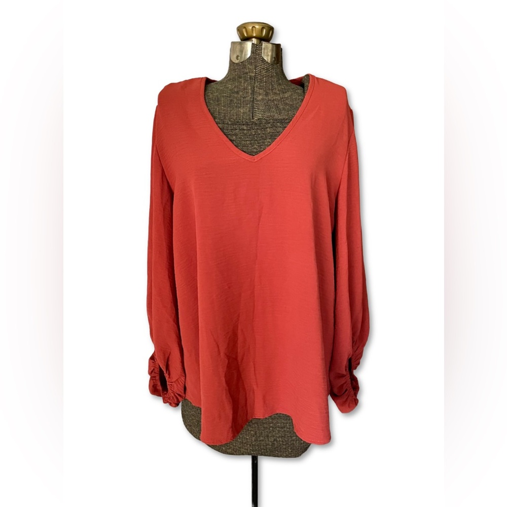 Jodifl Burnt Orange Bubble Sleeve Tunic Blouse Textured Boho Top Minimalist EUC